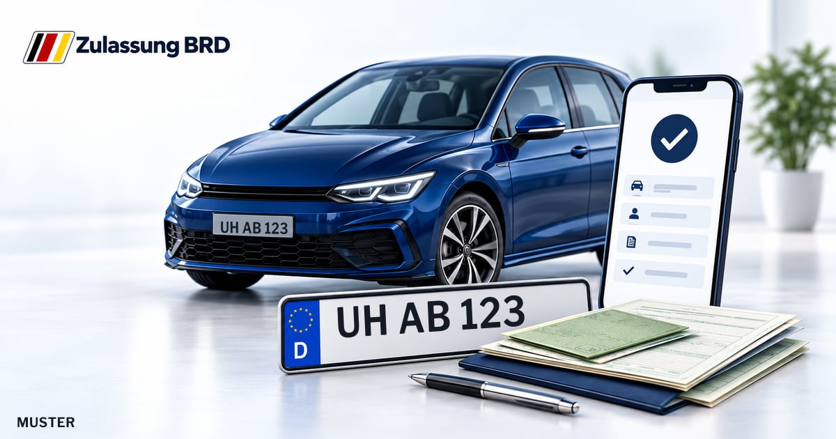 Online Fahrzeugzulassung in Unstrut-Hainich-Kreis: Musterkennzeichen UH AB 123, Auto und Fahrzeugpapiere und Smartphone. Illustration mit Logo von Zulassung BRD.